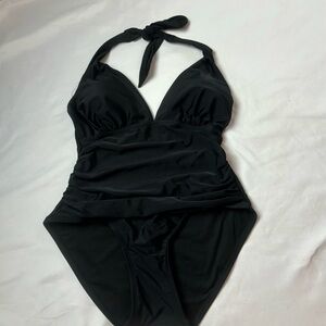 DKNY Women's One Piece Tummy Control Ruched Waist Halter Neckline Swimsuit Sz L